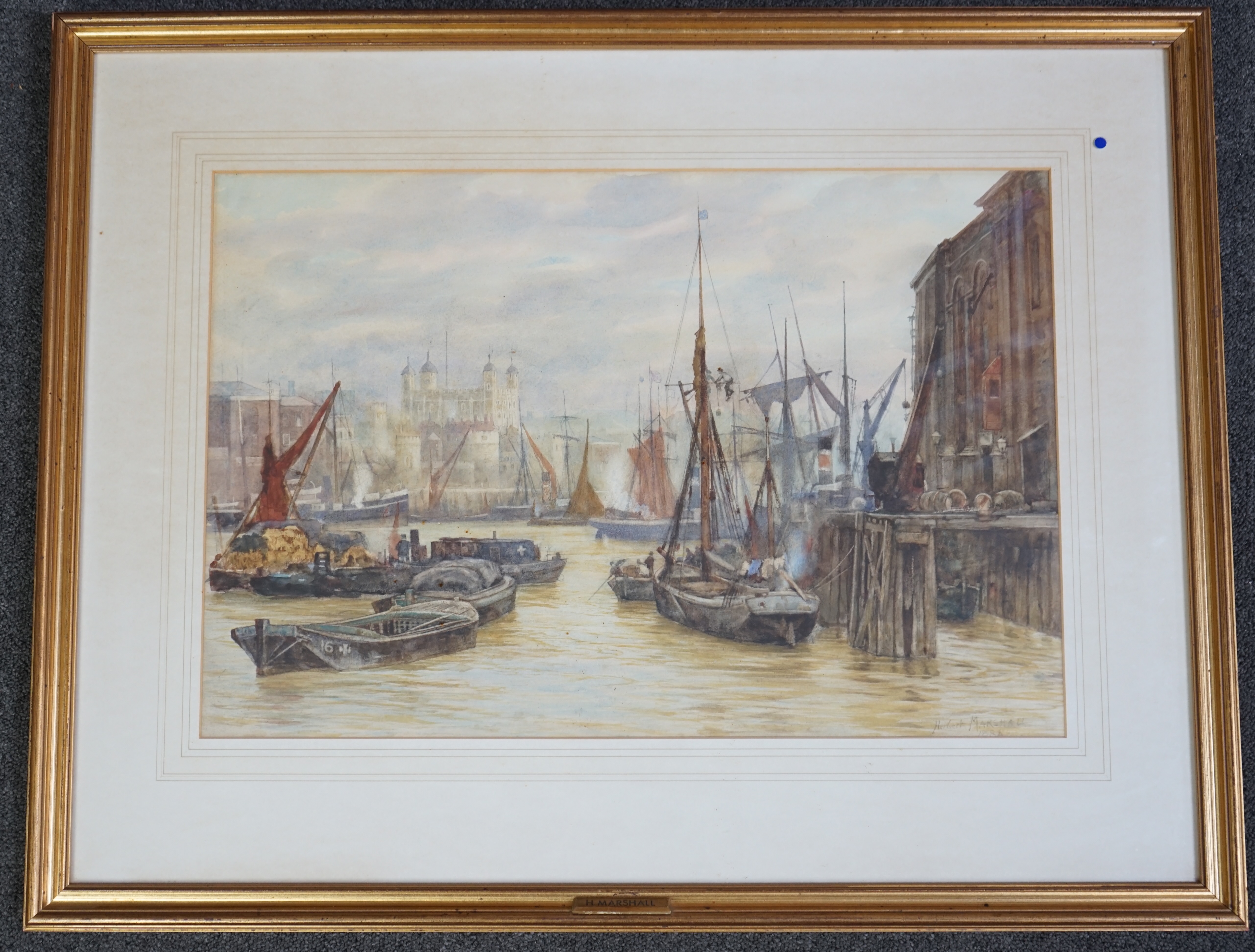 Herbert Marshall (1841-1913), The Tower from the Thames and two London street scenes, watercolours (3), 38 x 56cm and 56 x 36cm